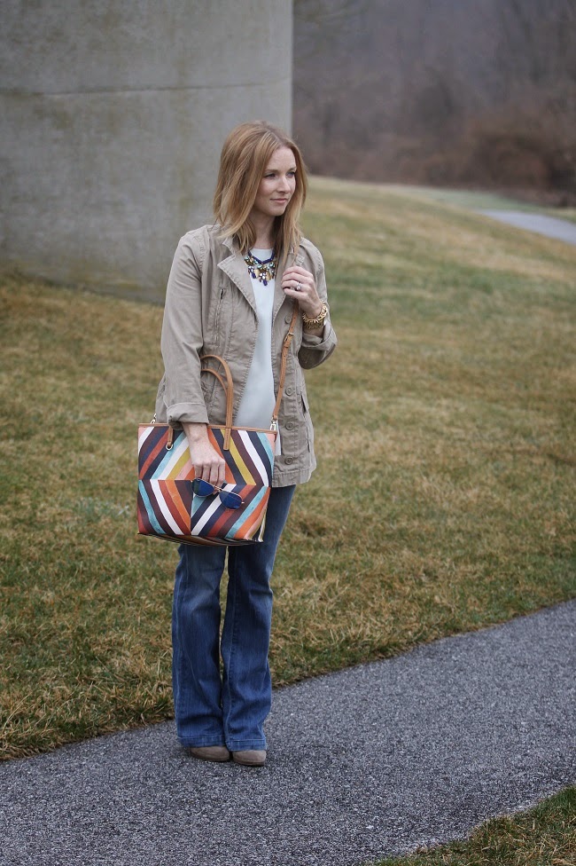 old navy jacket, jcrew shirt, goldsign jeans, tory burch, ray bans, jcrew necklace, jcrew booties