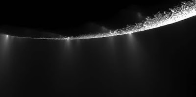 water ice plumes out from many locations along the famed