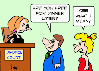 Divorce Court Law Joke Funny Cartoon Free for Dinner Family Husband Wife Judge