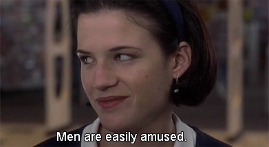Animated gif of a smirking woman saying "Men are easily amused."
