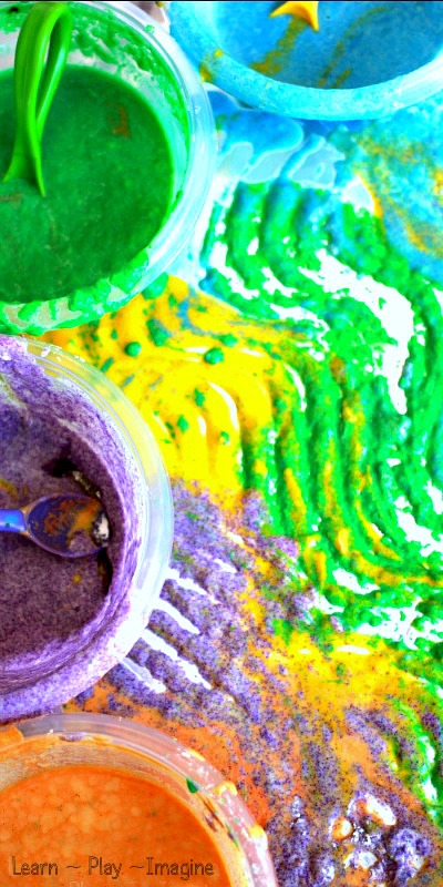 Homemade Sand Paint Recipe - Create textured and scented paint for a multisensory art experience kids will love!  Paint on foil for vibrant print making and added textures.