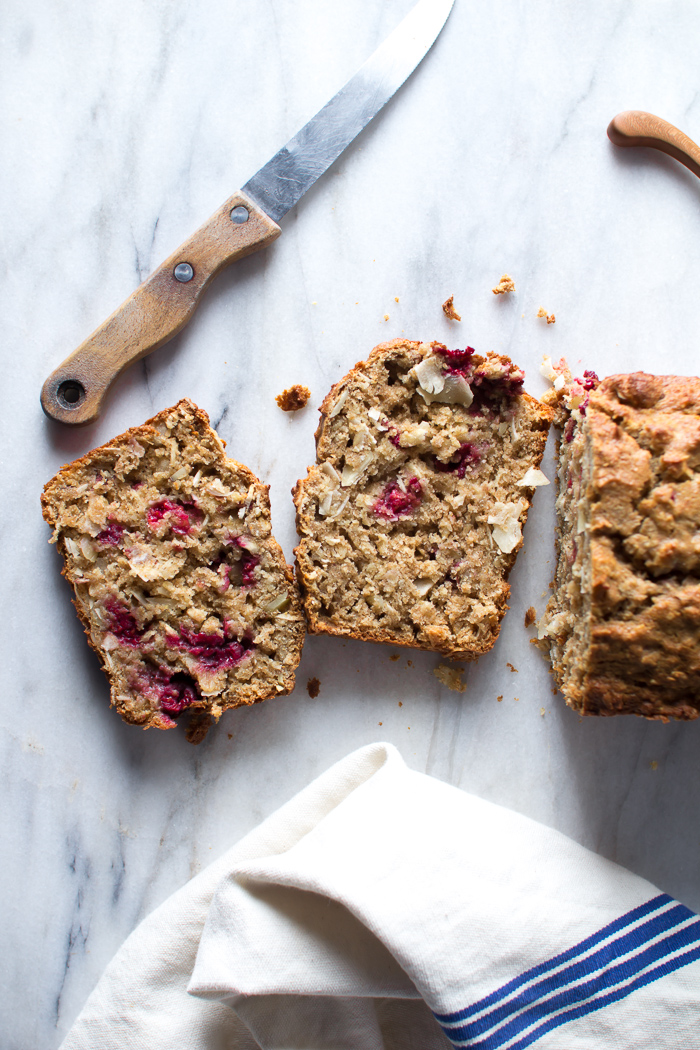 Flourishing Foodie Raspberry, Coconut, and Almond Oatmeal Breakfast Loaf