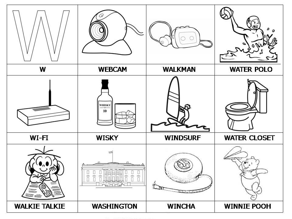 Laminas con dibujos para aprender palabras y colorear con letra: W