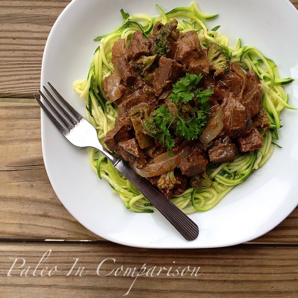 Paleo In Comparison Curried Beef Heart and Broccoli with Zoodles