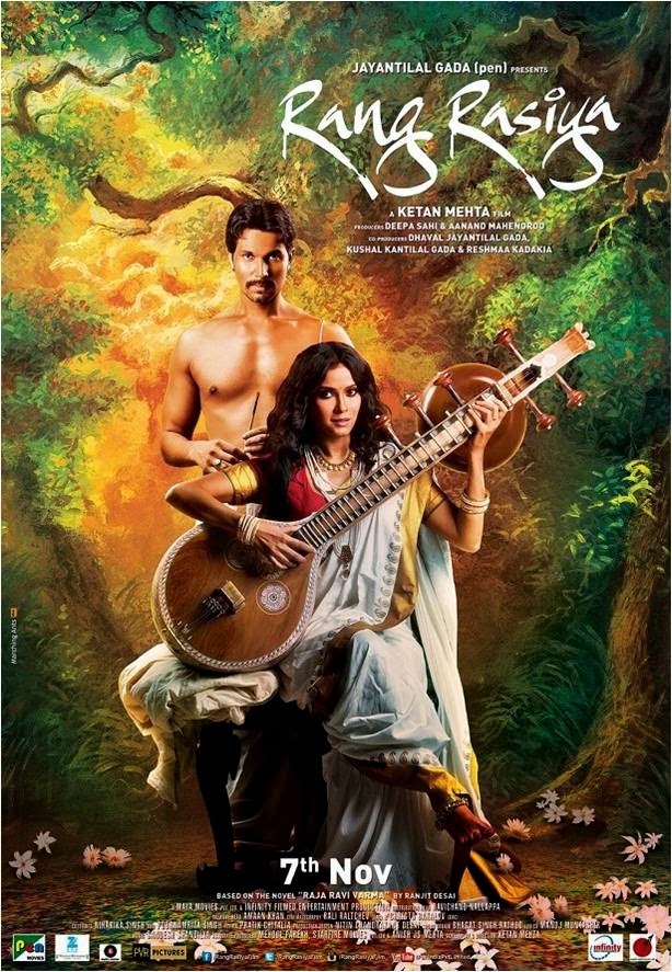 Rang Rasiya movie poster Nandana Sen posing with sitar for painter Randeep Hooda in Rang Rasiya movie poster