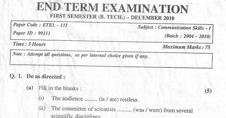 GGSIPU B.tech 1st Semester Previous Year End Term  Paper  Communication Skills - 1 2010