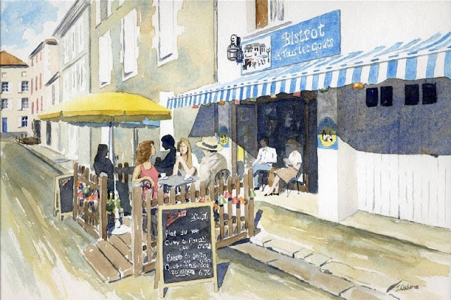 watercolour painting commission - Café, Montbron, France