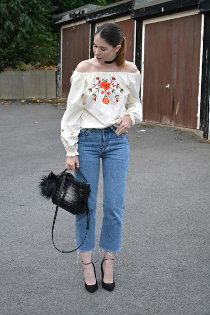 Affordable women's fashion blog, featuring vintage embroidery gypsy style off the shoulder top, Levi denim mom jeans. Black ASOS heels. Leather crocodile skin handbag from Zara