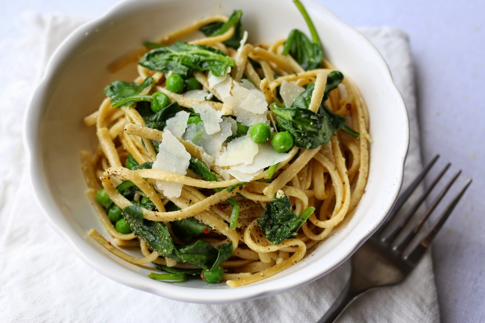 NourishRDs Pasta Carbonara with Spinach and Peas