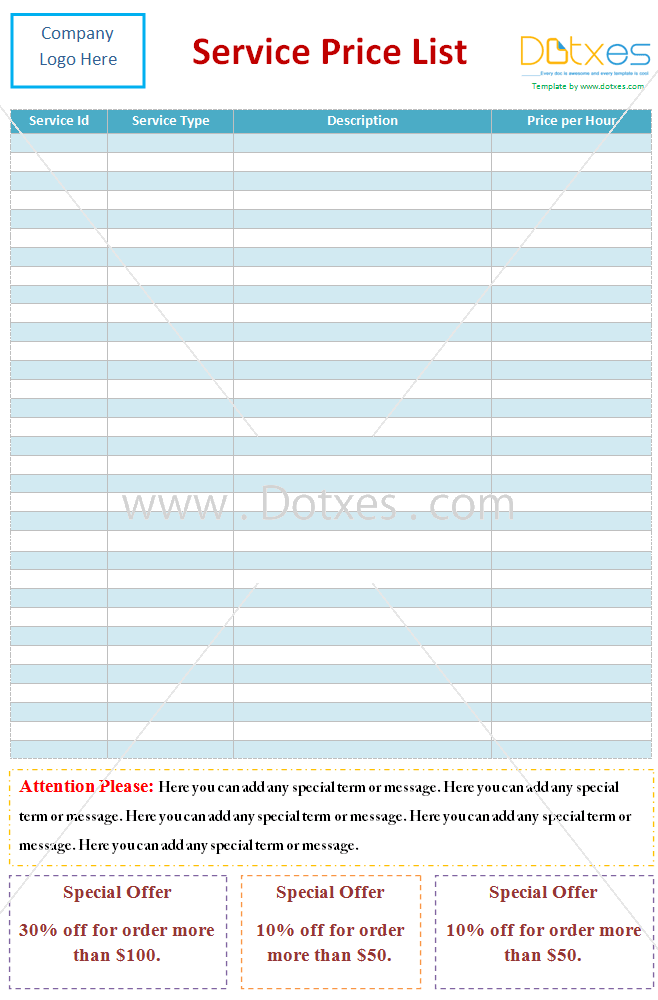 services price list template