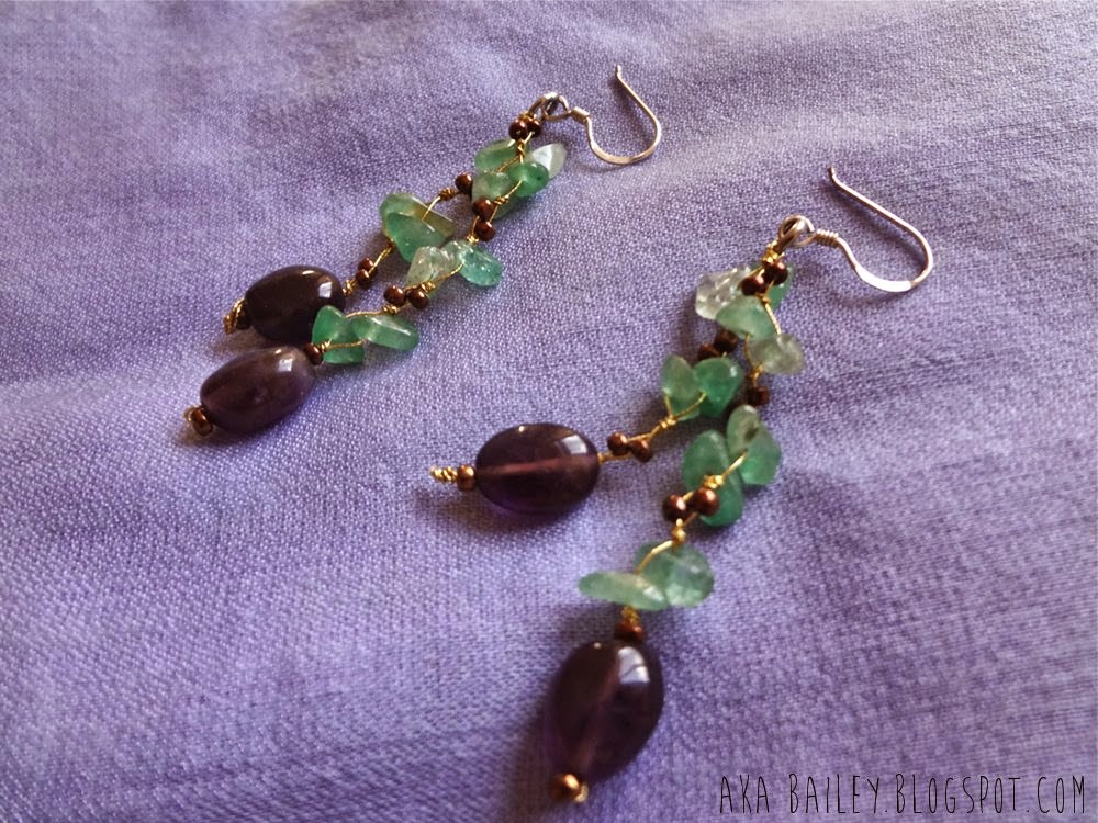 Mint-turquoise and purple gold dangly earrings