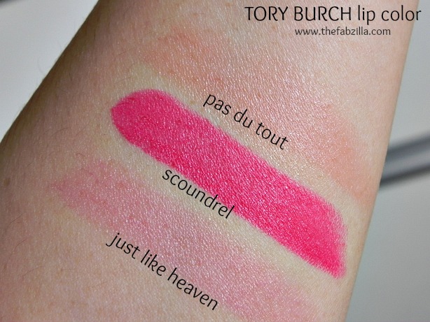 tory burch lip color review, swatch, pas du tout, scoundrel, just like heaven