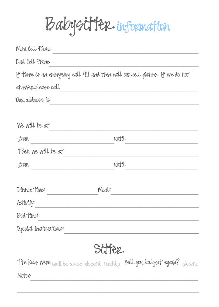babysitter emergency information sheet