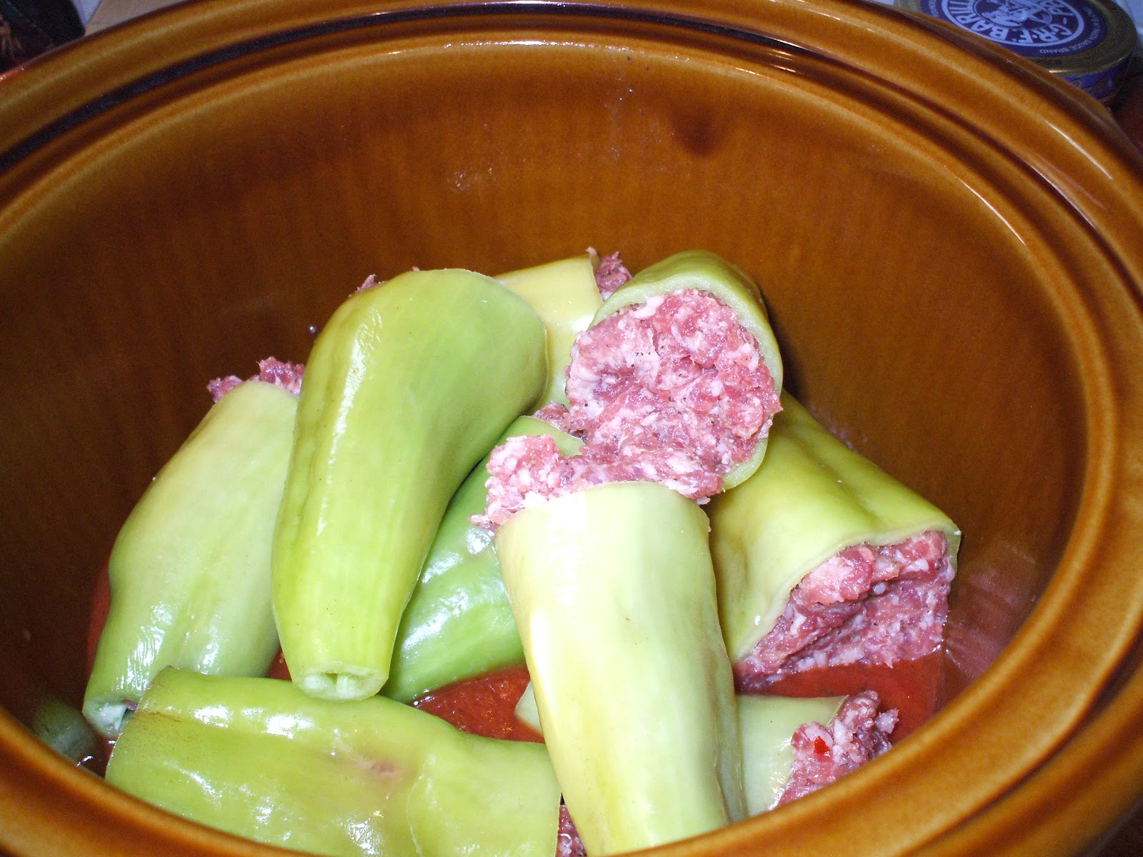 Gray Cardigan Stuffed Banana Peppers in a Crockpot