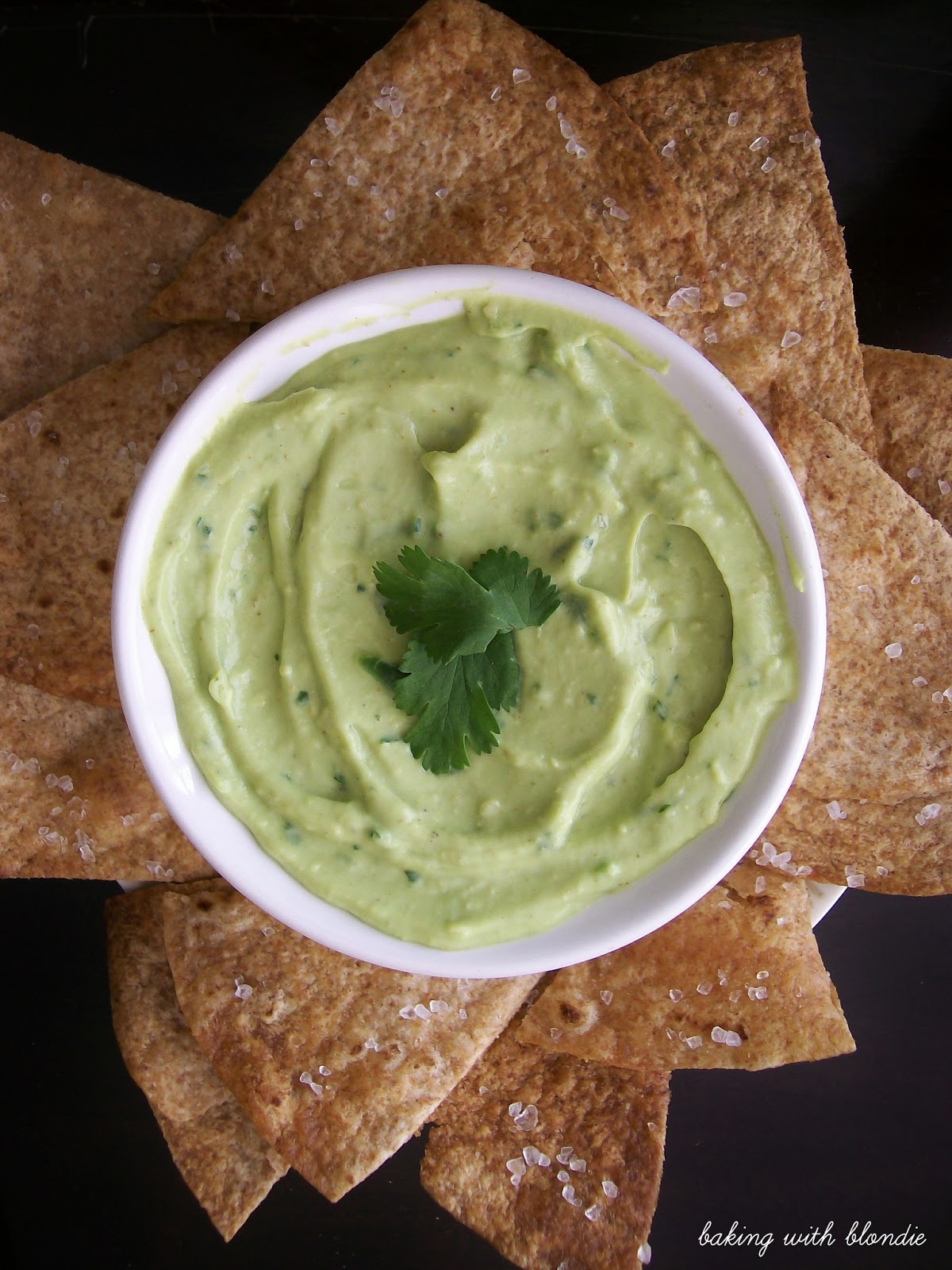 Creamy Avocado Yogurt Dip & Baked Whole Wheat Tortilla Chips with Sea Salt