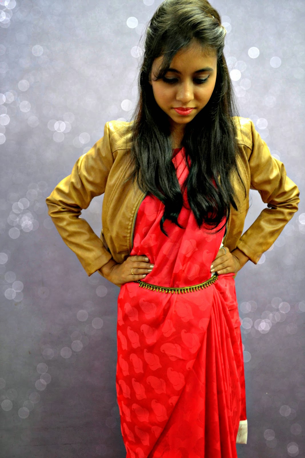 saree with leather jacket