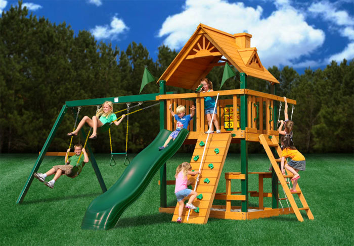Super strong, heavy swing set includes a tire swing, separate monkey bars, wooden roof, large 5' high play deck, swing extension with 3 swings, slide, rock wall and so much more. More Info And Compare.