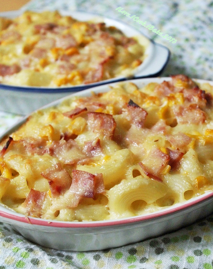I Love. I Cook. I Bake. Mac & Cheese With Corn & Ham Gratin
