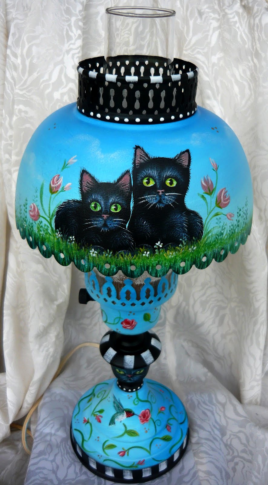 MAGIC BRUSH STUDIO OOAK Black Cat & Humming Birds Hand Painted Vintage