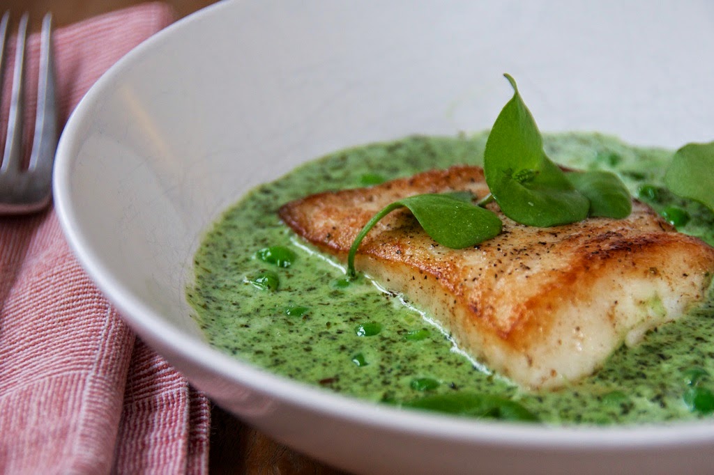 Fat of the Land Halibut with Nettle Sauce, Peas & Miner's Lettuce