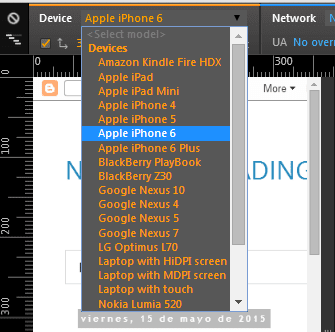 Lista desplegable que muestra los distintos dispositivos moviles que emula Chrome