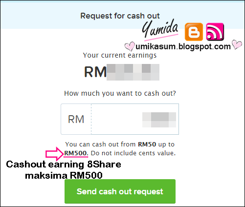 jana pendapatan online bersama 8share, cashout earning 8share maksimum rm500, gambar cash out earning 8share rm500, request for cash out 8share, you can cash out 8share from rm50 up to rm500