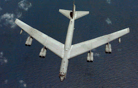British Indian Island Territory -- A B-52H Stratofortress from the 96th Bomb Squadron from above over sea.