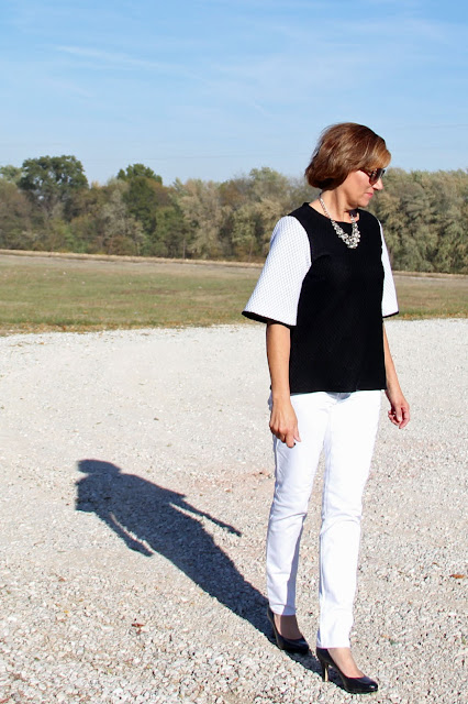 Mood Fabrics' quilted knit sewn into a boxy top, Butterick 6175