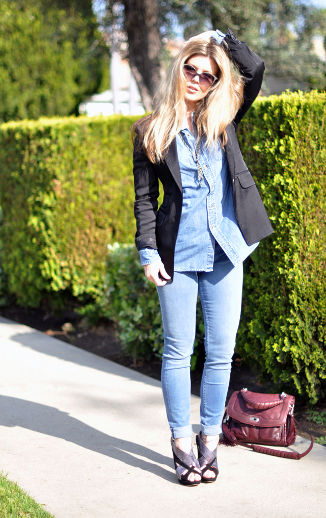 denim on denim with black blazer