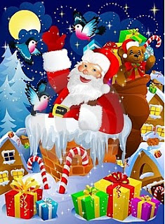 Santa Claus smiling picture with gifts and teddy Christmas photo