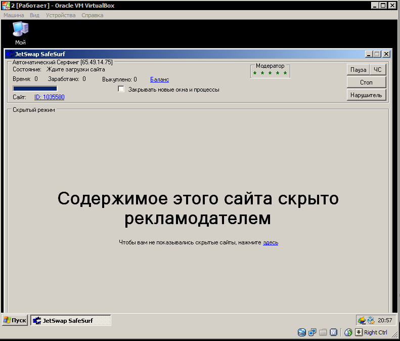 Скриншот работающей программы Jetswap SafeSurf на виртуальной машине Oracle VirtualBox