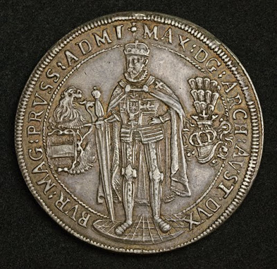 Silver Thaler coin minted in 1603. Teutonic Knights Order. Grandmaster of the Order of St. Mary in Jerusalem: Archduke Maximilian III.