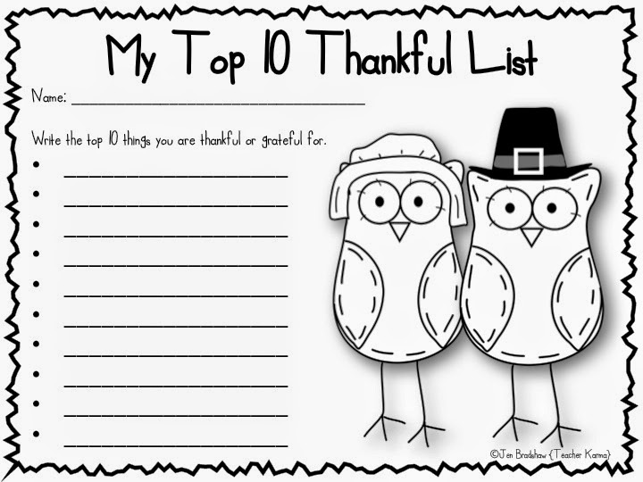 FREEBIE:  My Top 10 Thankful List for students to show their gratitude.  TeacherKarma.com