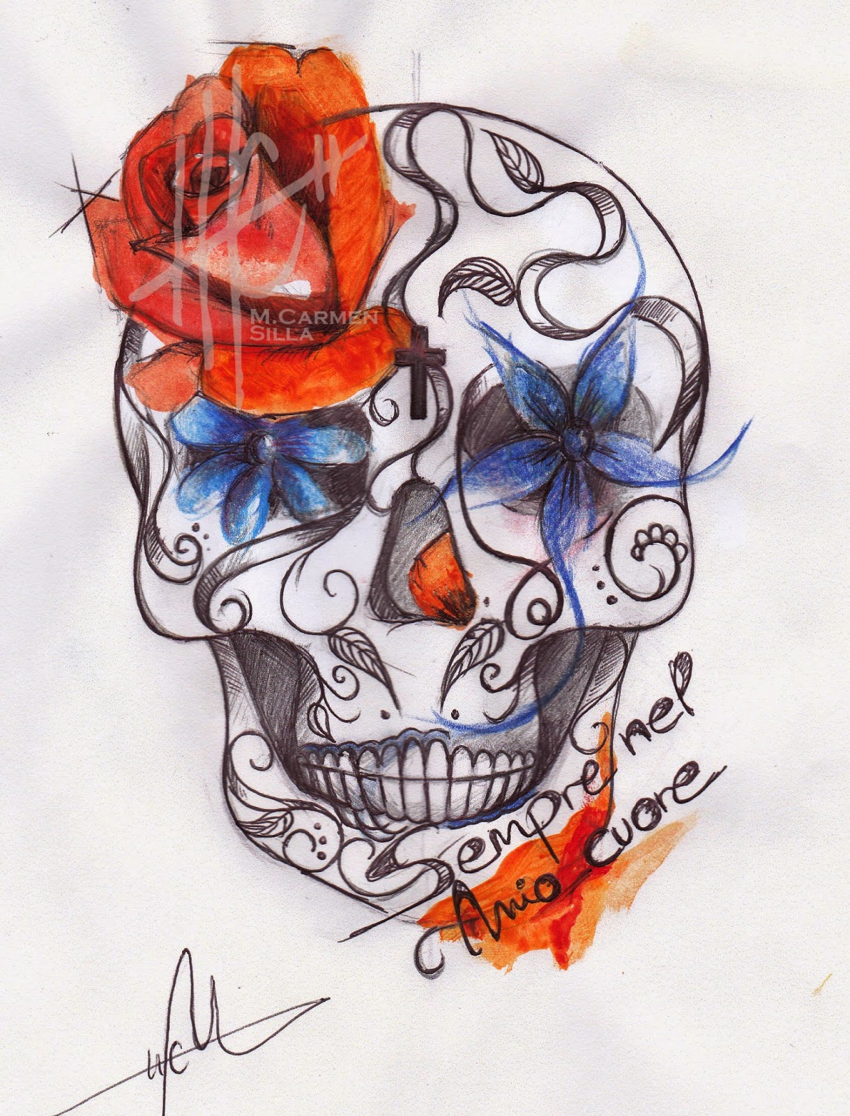 M Carmen Silla Tattoo Boceto Calavera Mexicana Rostros tatoo fotos arte dibujos bocetos tatuajes arte maya neo tradicional ilustraciones. m carmen silla tattoo blogger