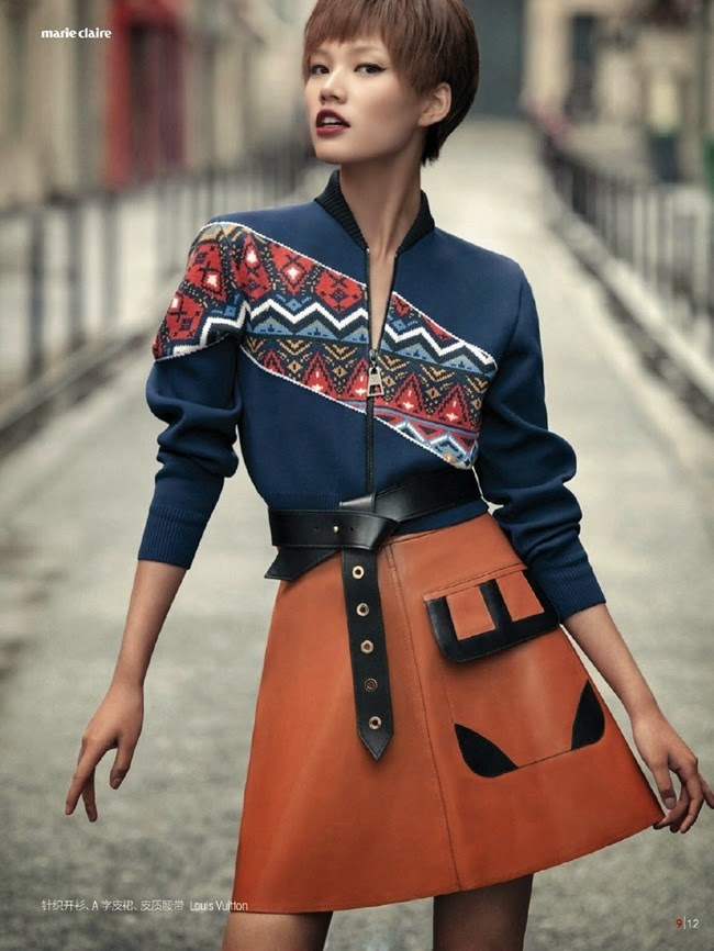 Marie Claire China August 2014, Meng Zheng 鄭曉萌 Louis Vuitton 2014 AW:Nordic Style Knitwear with A-line Leather Mini Skirt Editorials