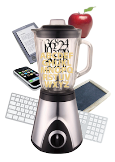 http://edtechdigest.wordpress.com/2010/12/08/7-reasons-why-blended-learning-makes-sense/ Blender with cellphone, computers, books, other sources of technology around it to represent blended learning