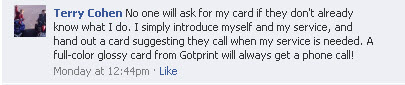 Facebook comment on business cards