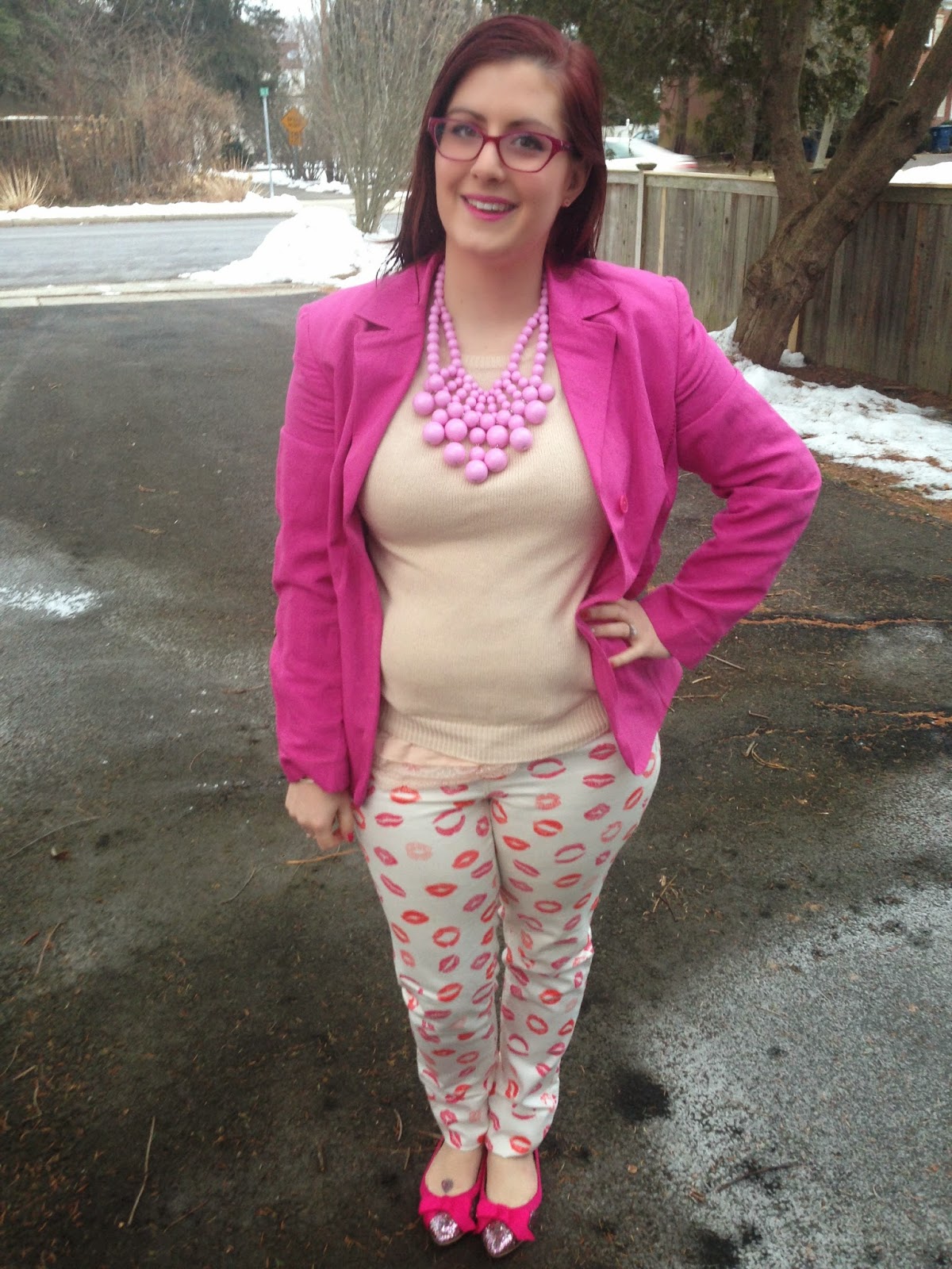 behind the leopard glasses Day 12 lip stick print pants