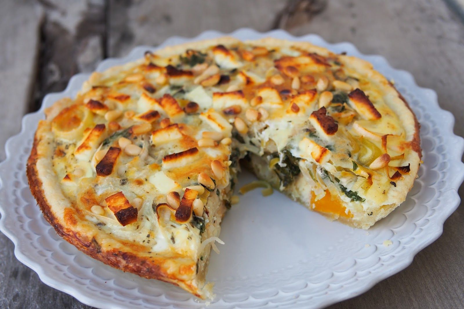 Eat, Belch, Fart Butternut Squash, Leek, Feta, Spinach & Pine Nut Quiche