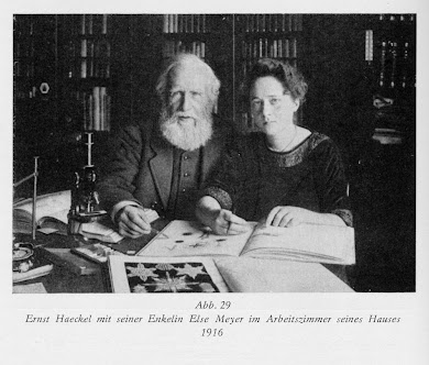 Haeckel with daughter, Elisabeth in office with book, Art Forms in Nature