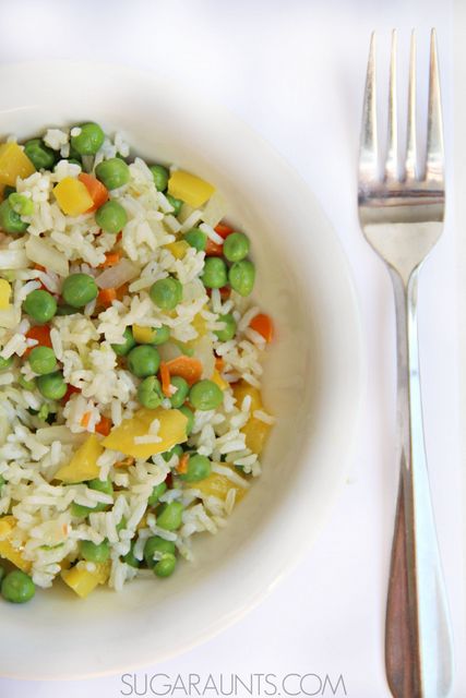 Easy Vegetable rice recipe. This is an easy side dish or main meal if you add a protein. Kids love this and can help with cooking in this easy cooking with kids recipe.