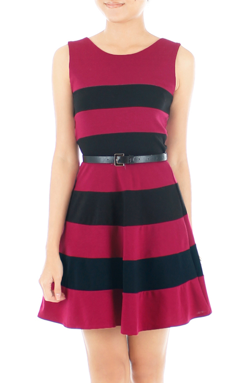 Jewel Stripe PETITE Flare Dress – Wine Red