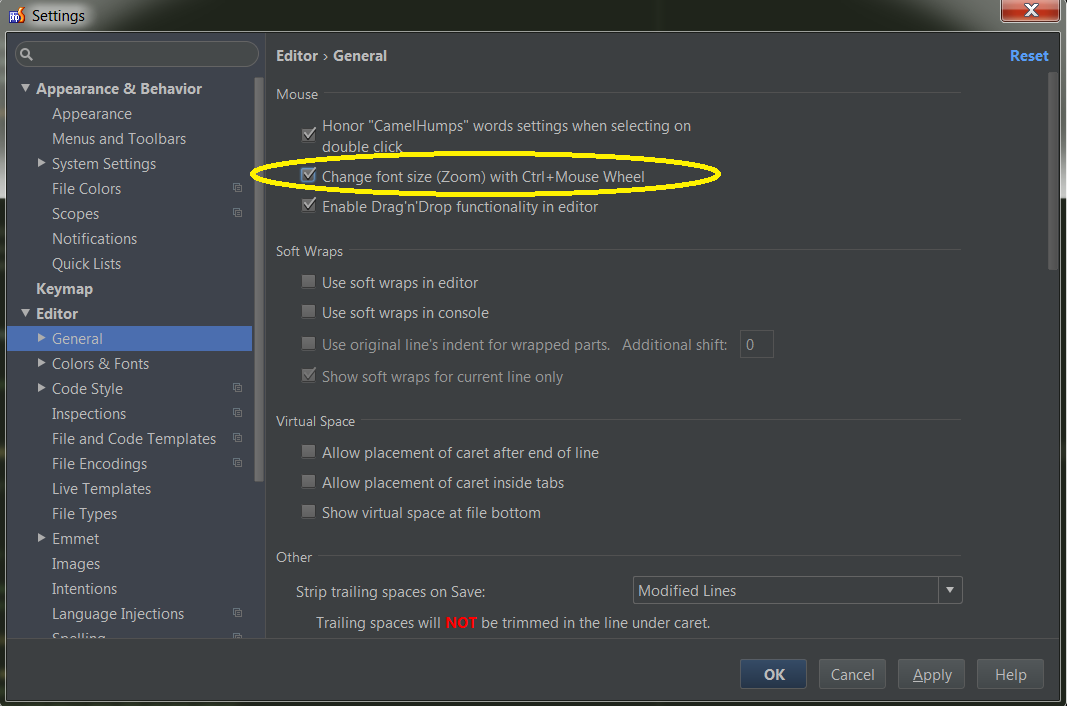 Pathros PhpStorm 9 Cómo habilitar el Zoom para el mouse en windows