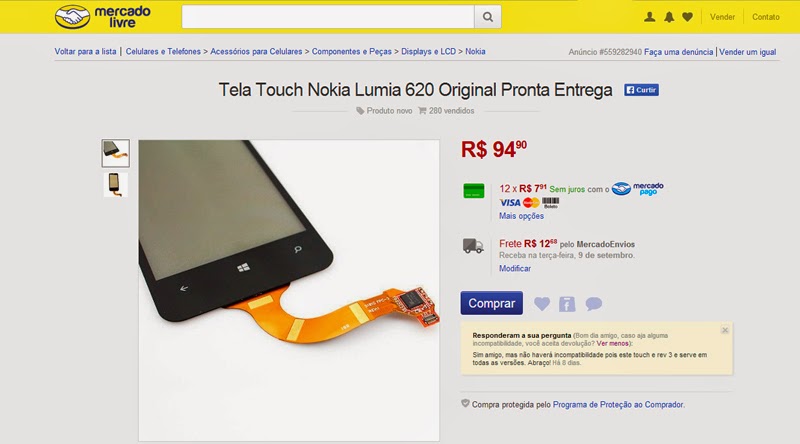 Anúncio de tela touch do Lumia 620 Anúncio da tela do lumia 620 que comprei no Mercado Livre