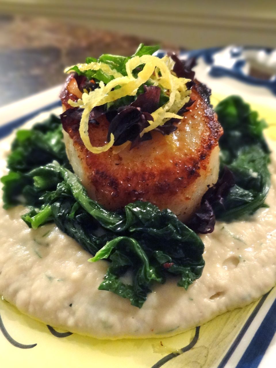 Scrumpdillyicious Pan Seared Scallops with White Bean Purée & Rapini