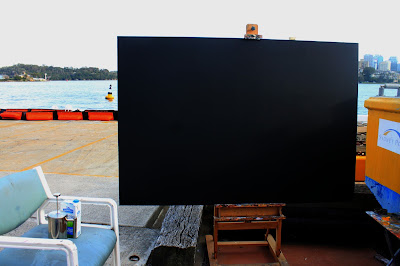 Starting a large plein air painting of Goat Island from Moore's Wharf by artist Jane Bennett