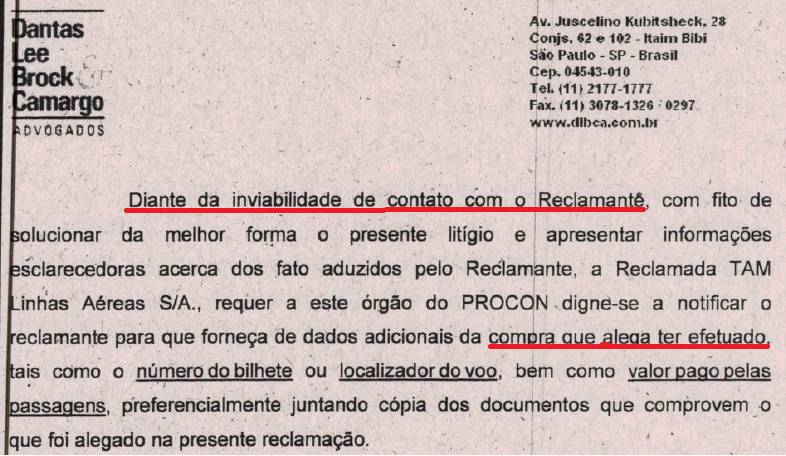 Trecho de carta resposta da TAM em caso de prejuízo do passageiro