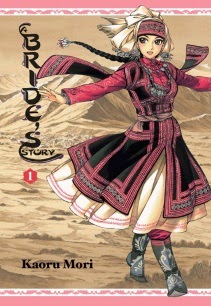 Cover art for A Bride's Tale, featuring a pale young woman wearing an elaborately embroidered, long-skirted coat in black and red. She has a long white skirt on underneath it, along with a pair of dark blue boots embroidered in lighter blue. Her arms are spread to the sides and one foot is in front of the other, as though she's dancing.