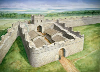 Pequeños fortines situados a intervalos regulares jalonaban el muro de Adriano, como el de Cawfields, que vemos reconstruido en este dibujo.