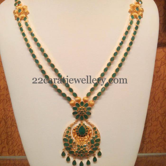 Temple Design Emerald Floral Long Chain Jewellery Designs
